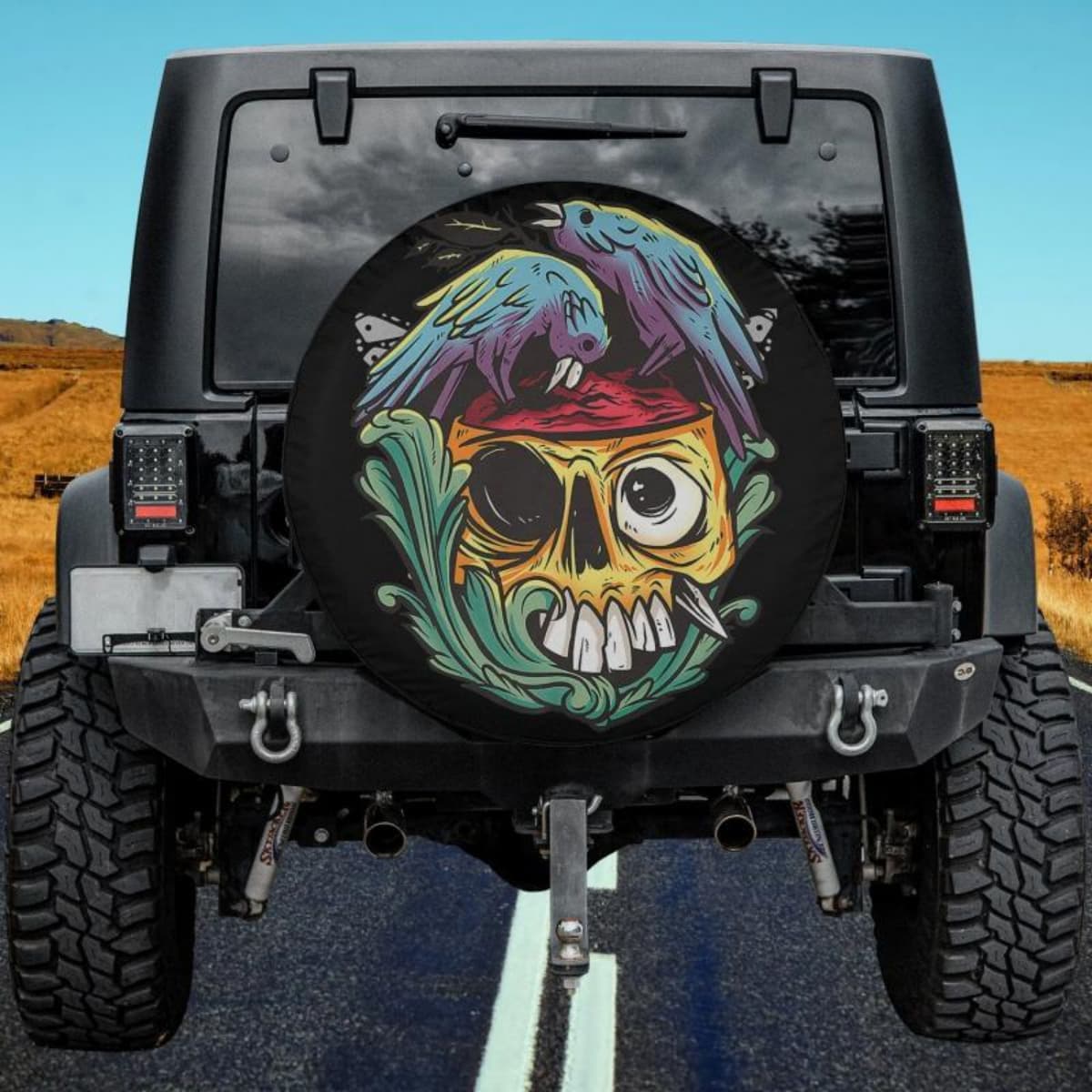 Raven Skull Illusion Spare Tire Cover