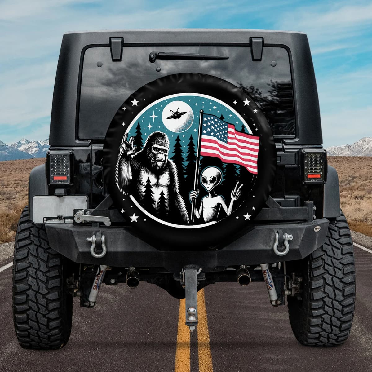 Patriotic Sasquatch & Alien Cover Spare Tire Cover