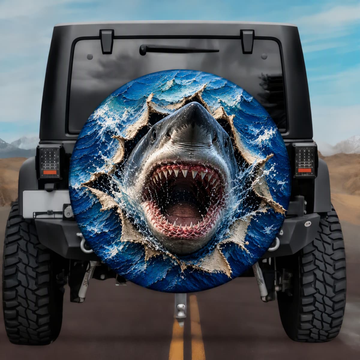 3D Great White Shark Ocean Burst Spare Tire Cover - Jeep, Bronco, RV, Camper & More