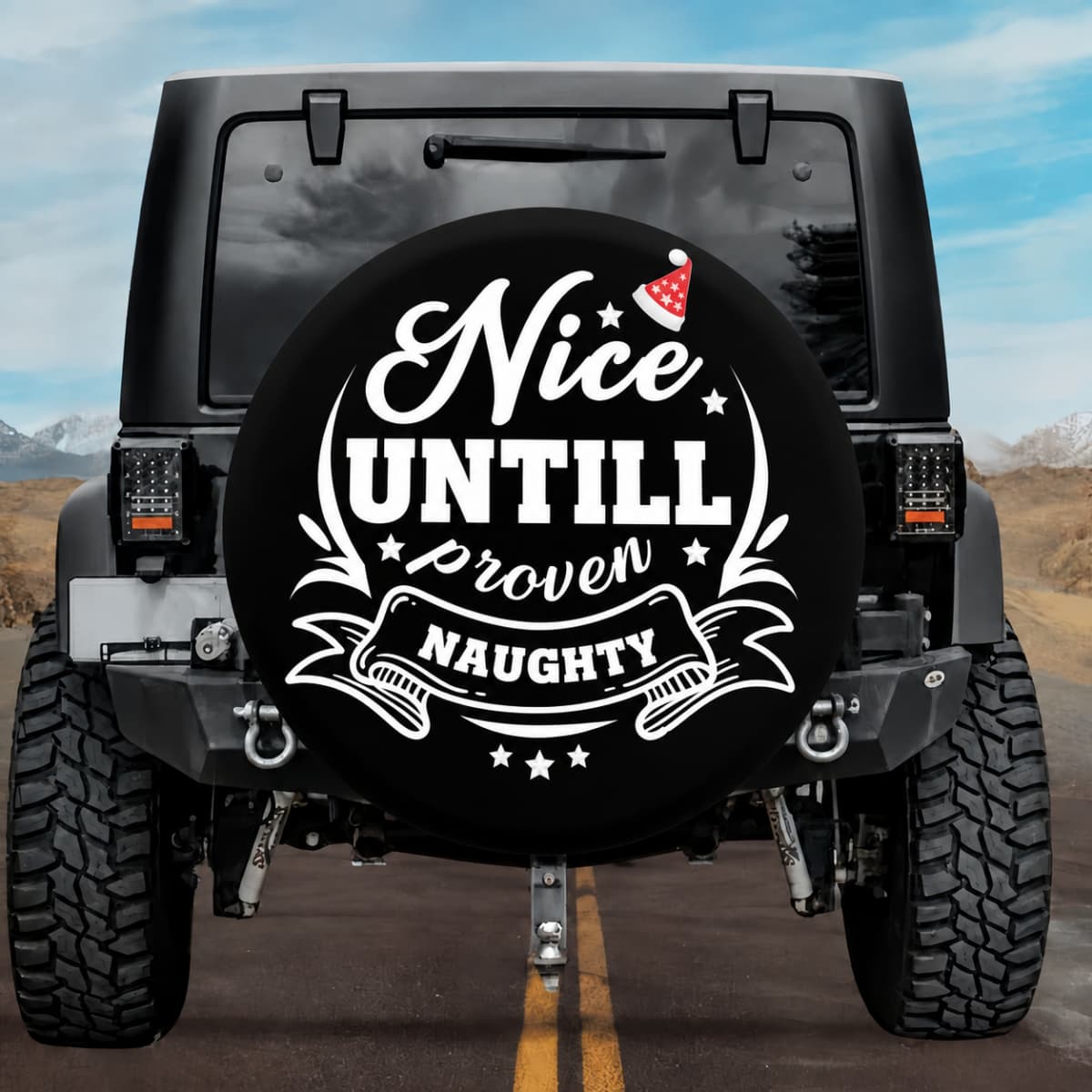 Nice Until Proven Naughty Cute Christmas Spare Tire Cover | Jeep, RV, Bronco, Camper, & More