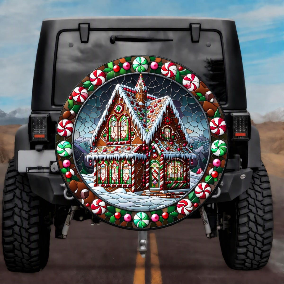 Stained Glass Gingerbread House Spare Tire Cover - Jeep, Bronco, RV, Camper & More