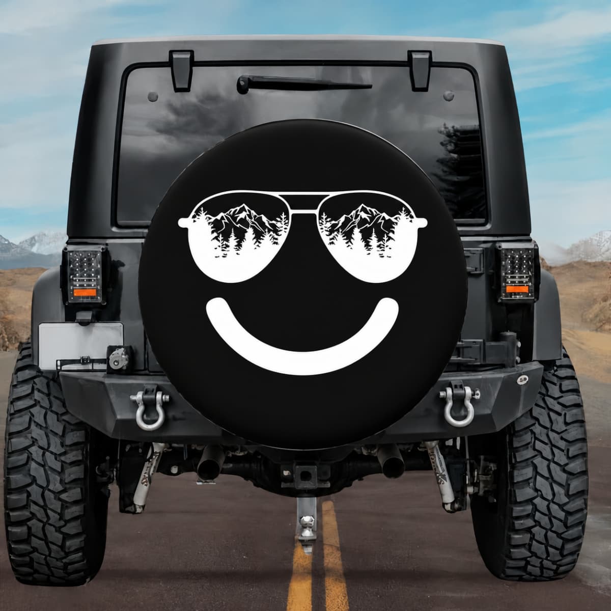 Sunglasses in the Mountains Smiley Face Spare Tire Cover - Jeep, Bronco, RV, Camper & More