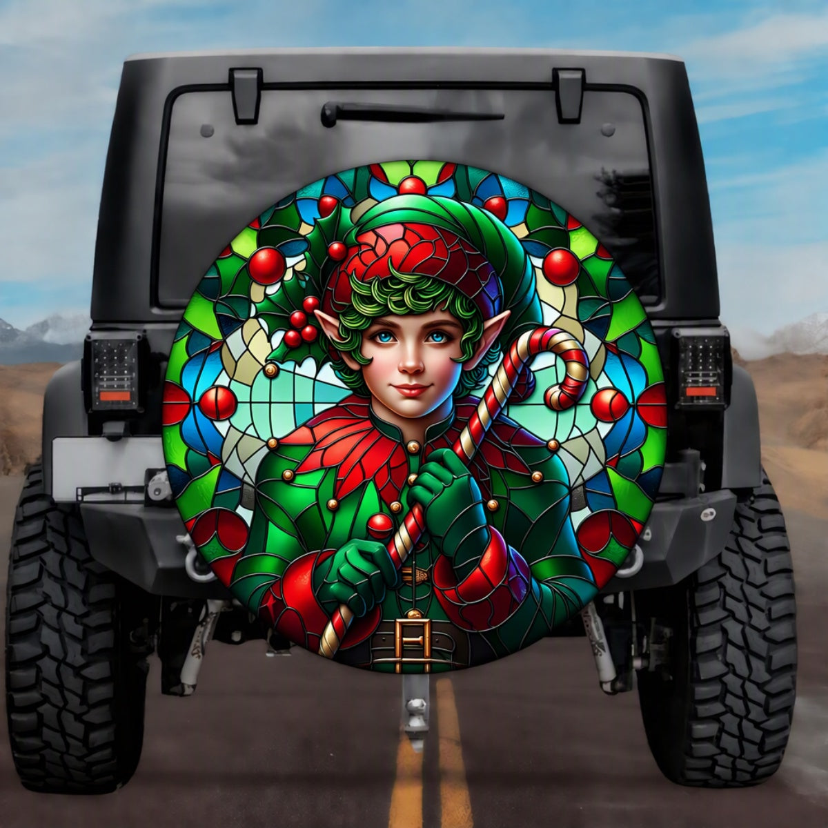 Stained Glass Christmas Elf Spare Tire Cover - Jeep, Bronco, RV, Camper & More