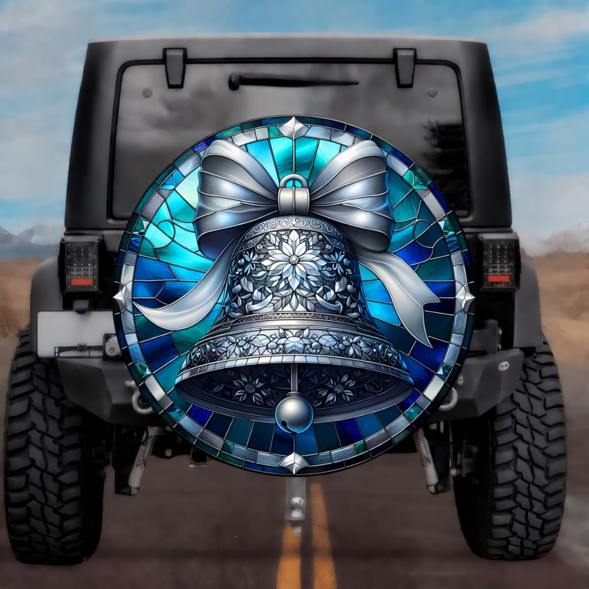 Stained Glass Silver Bell Spare Tire Cover - Jeep, Bronco, RV, Camper & More