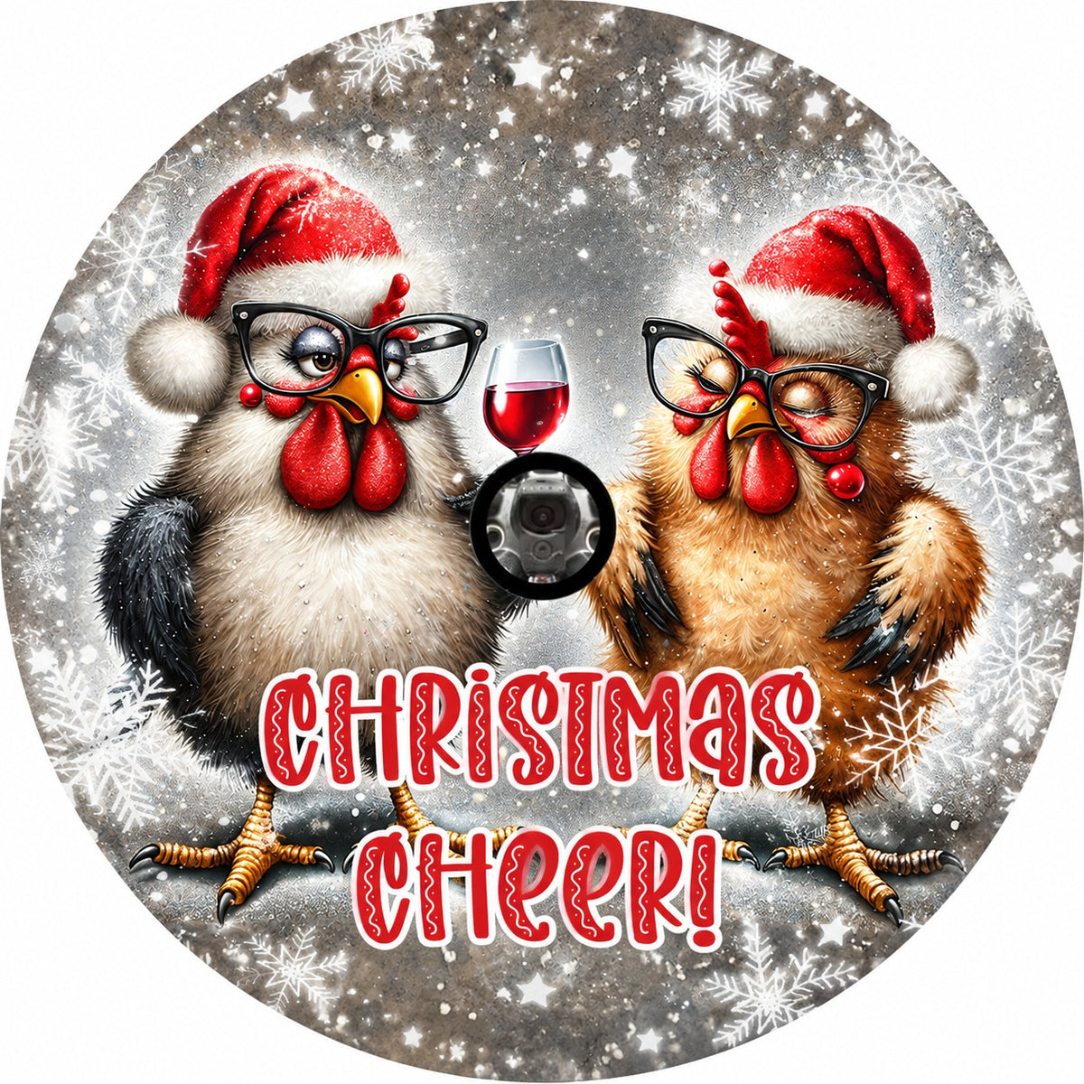 Holiday Country Farmhouse Rustic Grey Wine Drinking Chicken Spare Tire Cover - Jeep, Bronco, RV, Camper & More