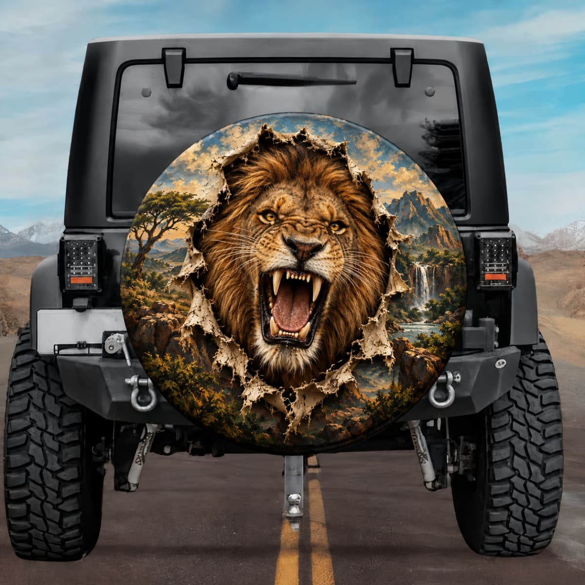 3D Roaring Lion Wilderness Burst Spare Tire Cover - Jeep, Bronco, RV, Camper & More