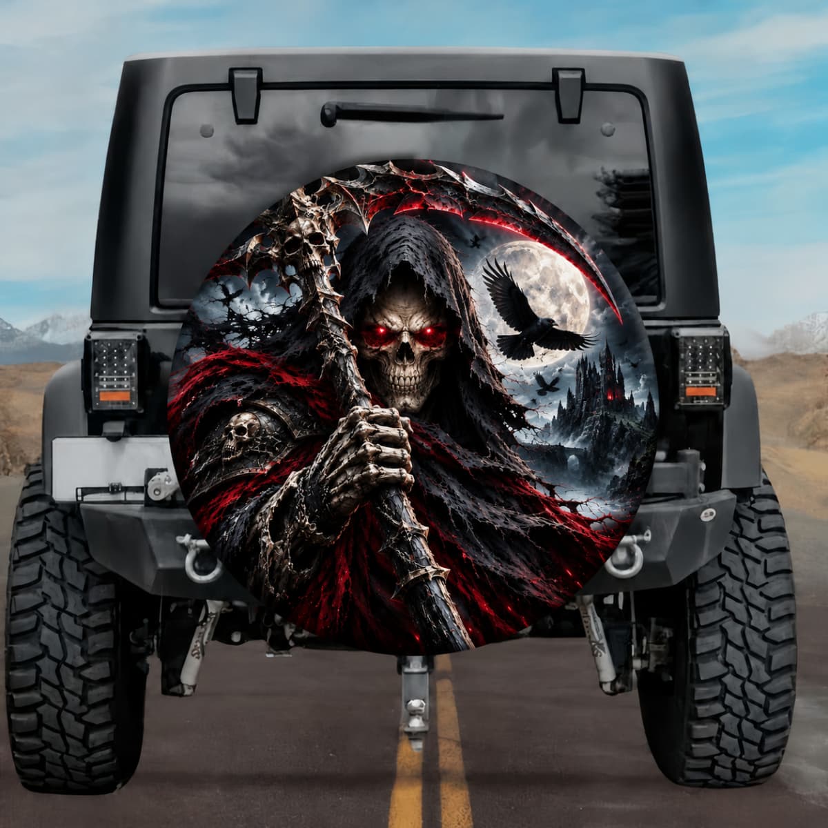 Grim Reaper Scythe Dark Gothic Spare Tire Cover - Jeep, Bronco, RV, Camper & More