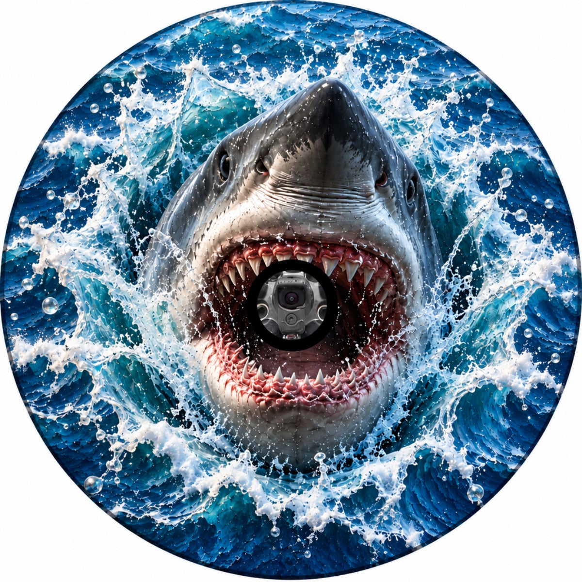 3D Great White Shark Ocean Burst Spare Tire Cover - Jeep, Bronco, RV, Camper & More