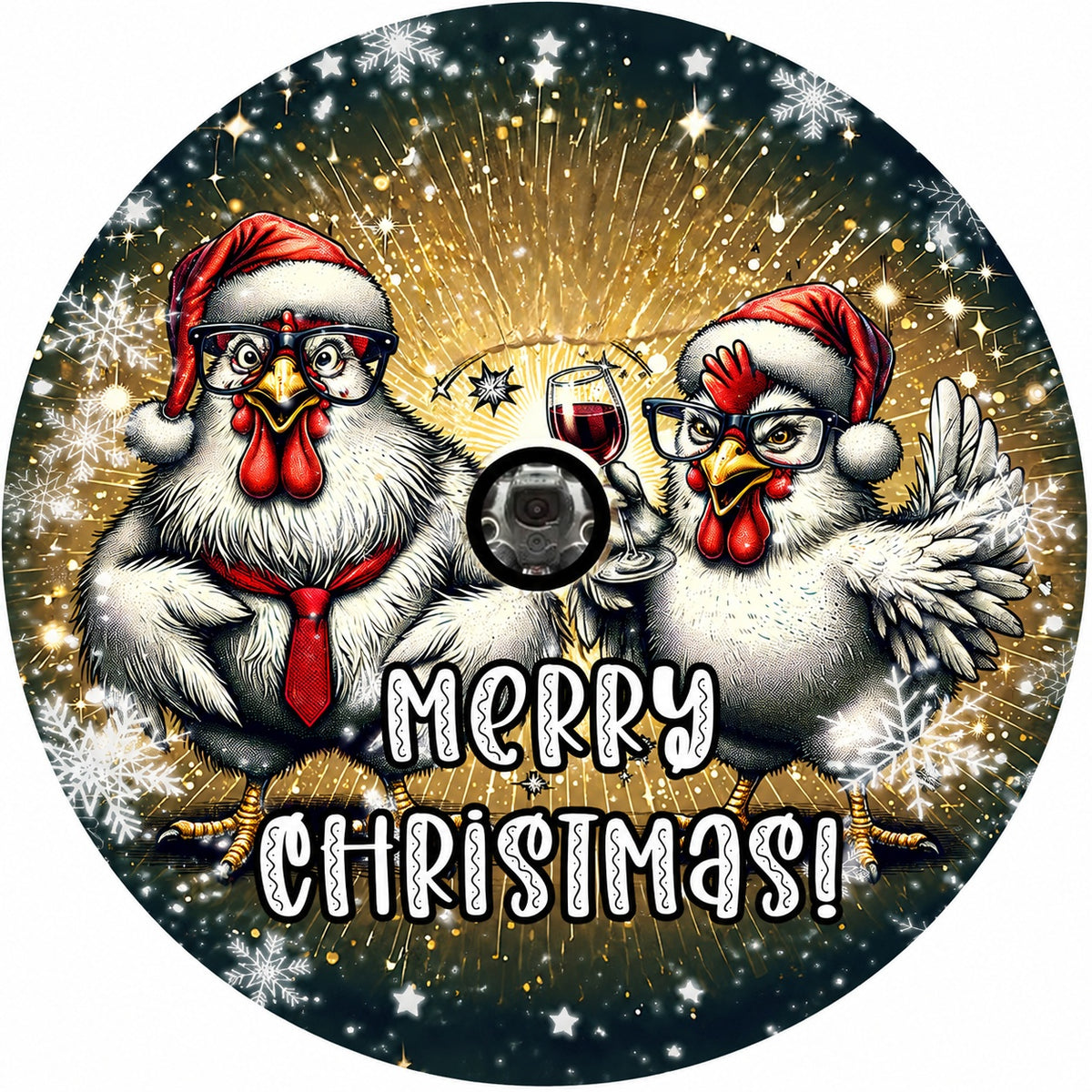 Holiday Country Farmhouse Black Gold Wine Drinking Chicken Spare Tire Cover - Jeep, Bronco, RV, Camper & More