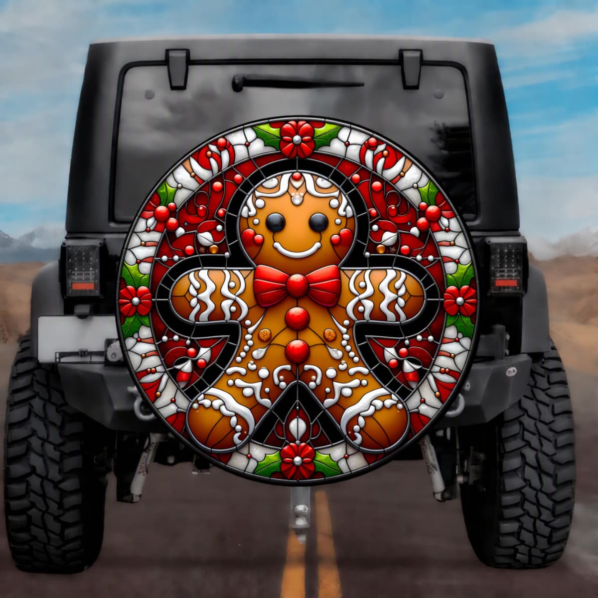 Stained Glass Gingerbread Man Spare Tire Cover - Jeep, Bronco, RV, Camper & More