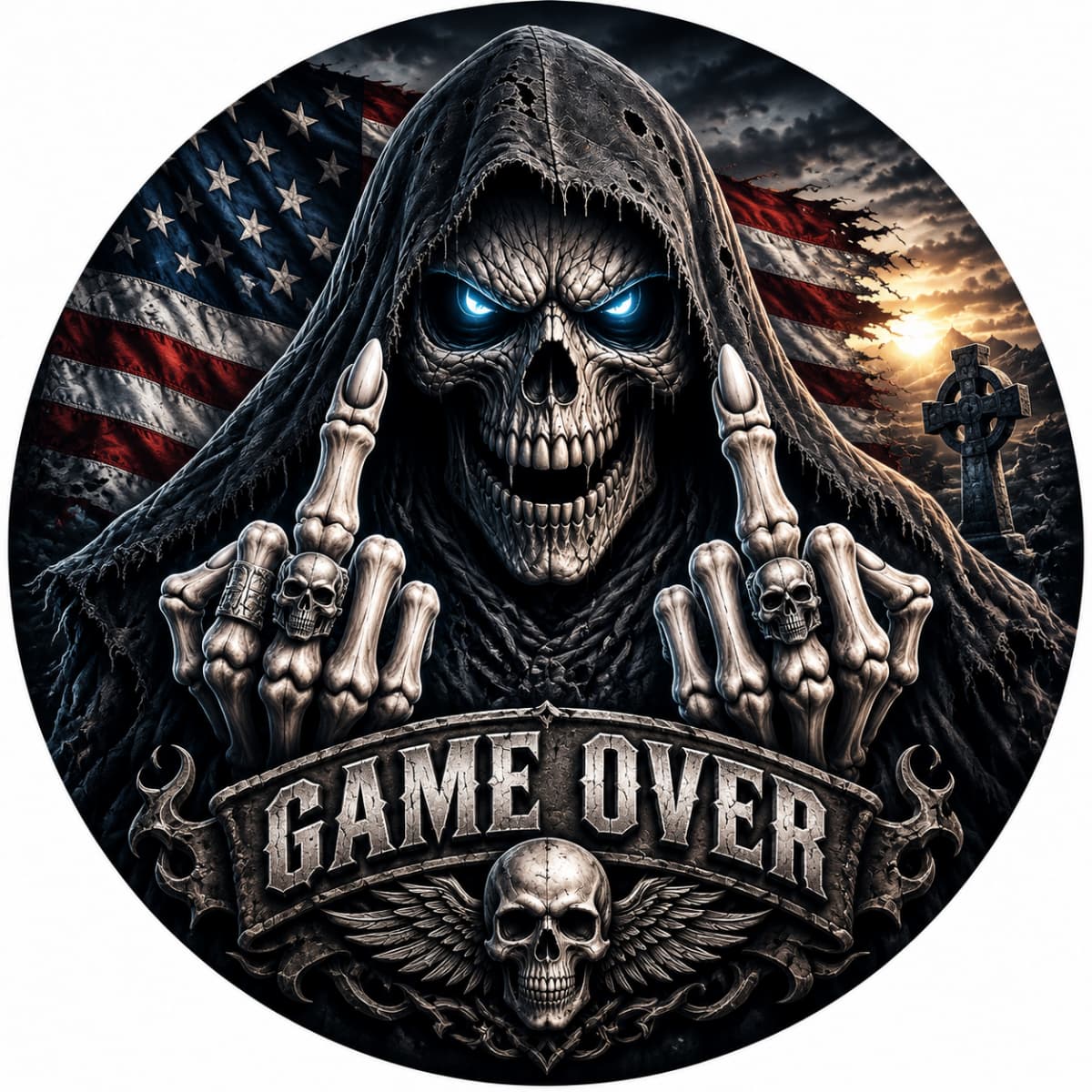 Game Over Middle Finger Reaper American Flag Spare Tire Cover