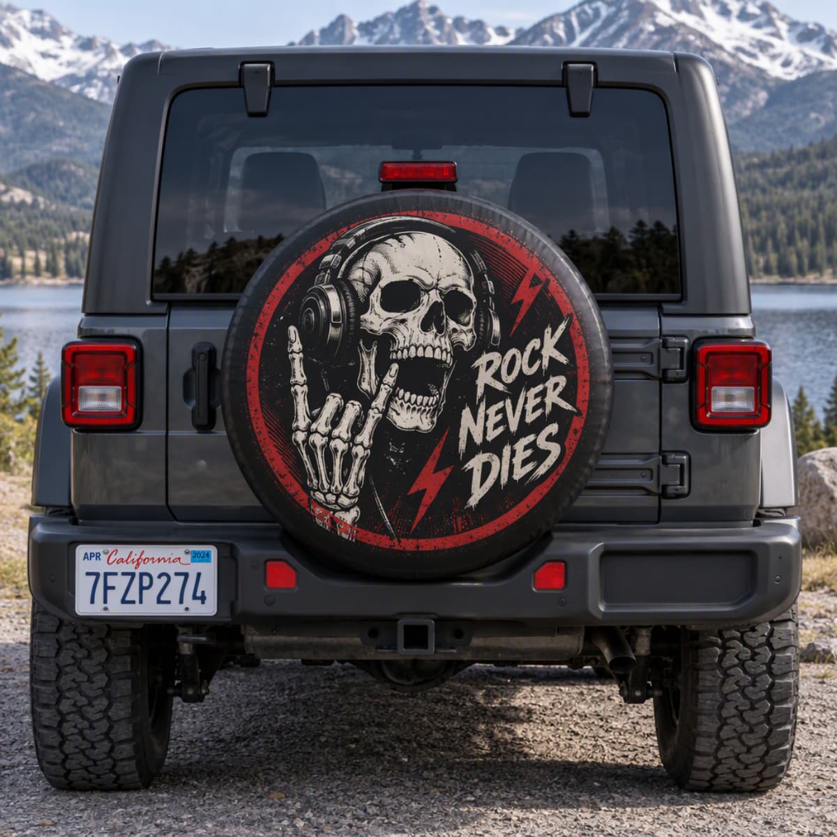 Rock Never Dies Skeleton Headphones Spare Tire Cover - Jeep, Bronco, RV, Camper & More