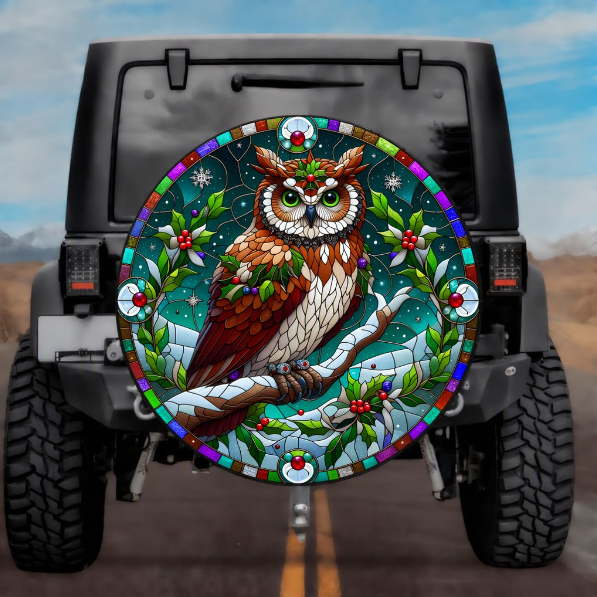 Stained Glass Winter Owl Spare Tire Cover - Jeep, Bronco, RV, Camper & More