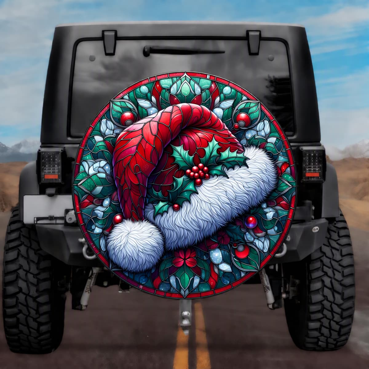 Stained Glass Santa Hat Spare Tire Cover - Jeep, Bronco, RV, Camper & More