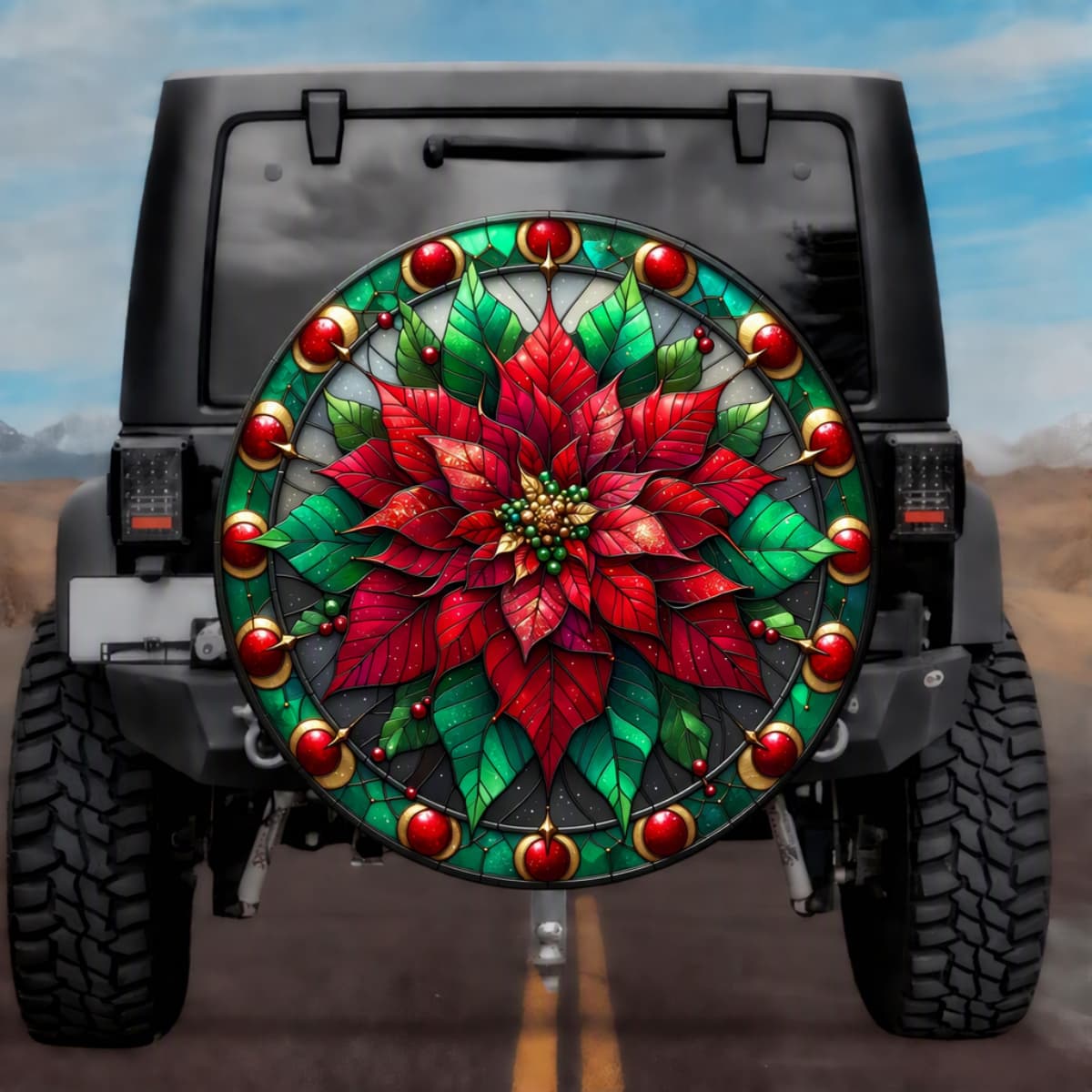 Stained Glass Poinsettia Spare Tire Cover - Jeep, Bronco, RV, Camper & More