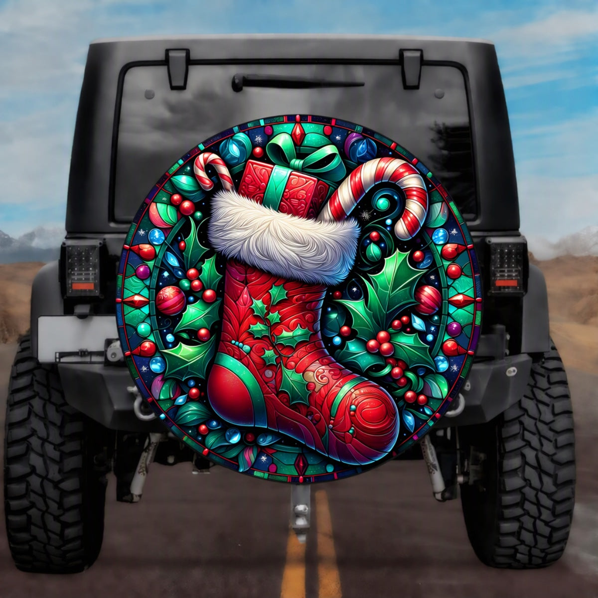 Stained Glass Christmas Stocking Spare Tire Cover - Jeep, Bronco, RV, Camper & More