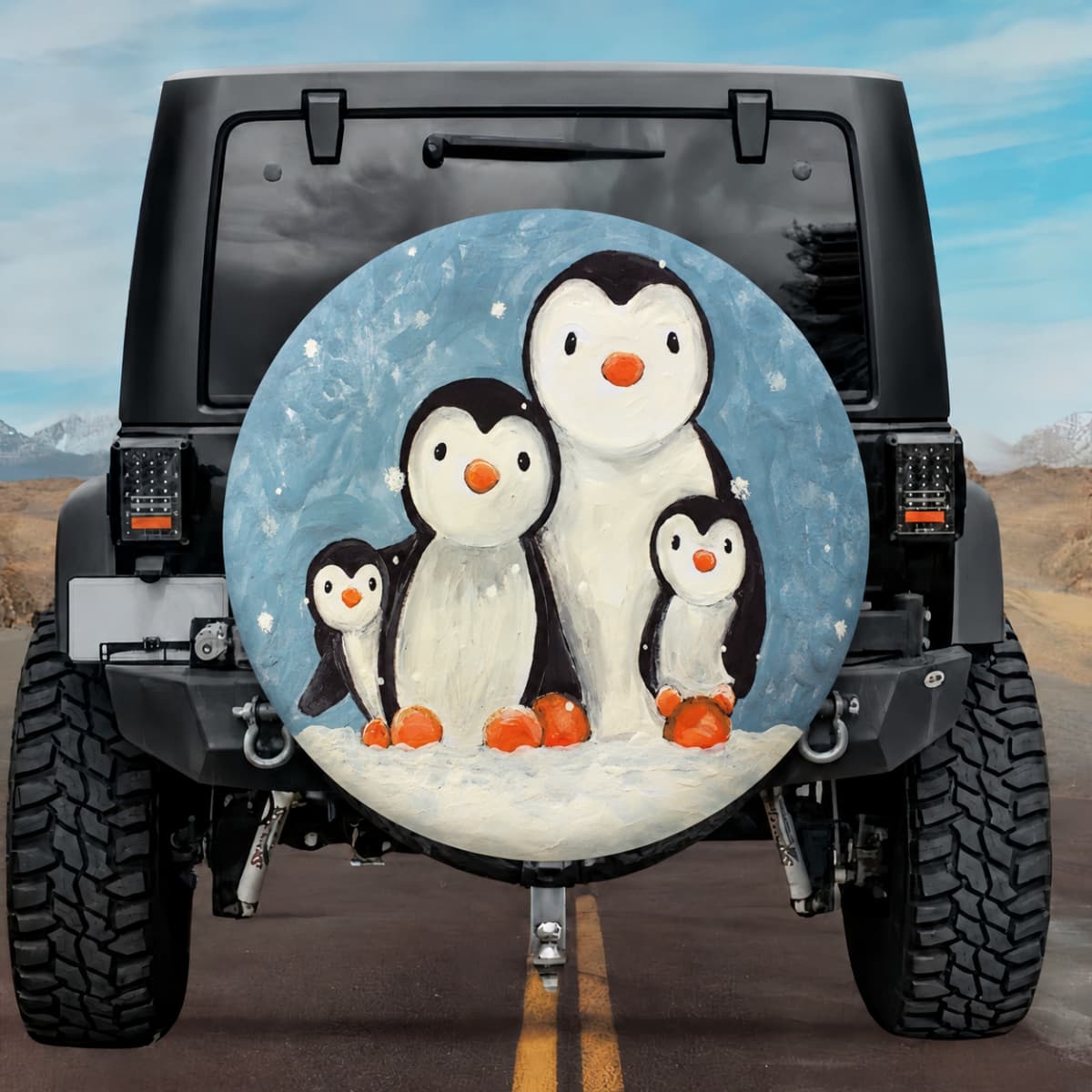 Penguin Family Cute Spare Tire Cover Design for Jeeps, Broncos, RVs, Campers and More