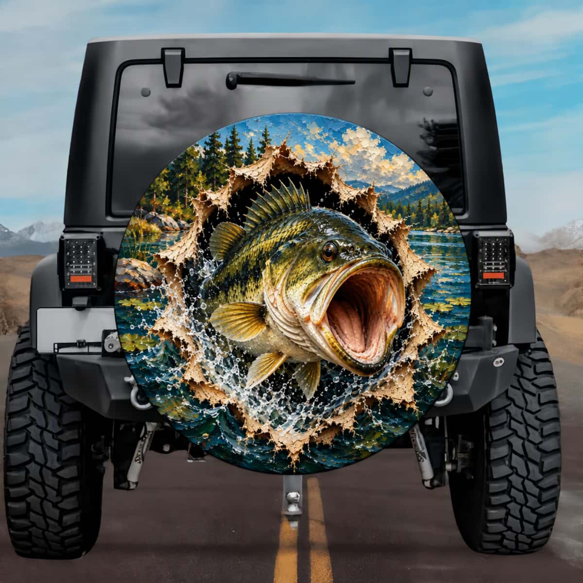 3D Largemouth Bass Fishing Burst Spare Tire Cover - Jeep, Bronco, RV, Camper & More