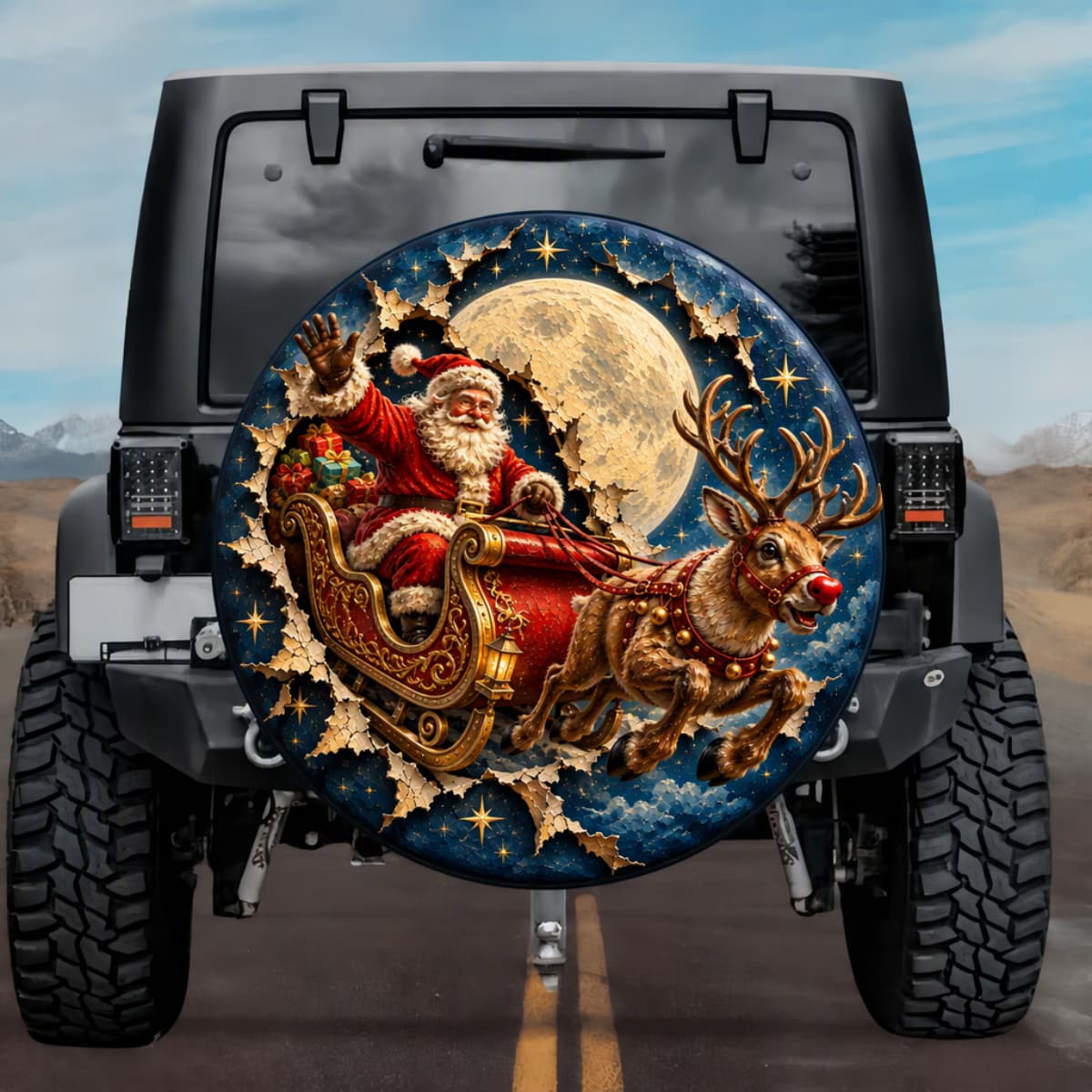 Flying Santa Sleigh Christmas Burst Spare Tire Cover - Jeep, Bronco, RV, Camper & More