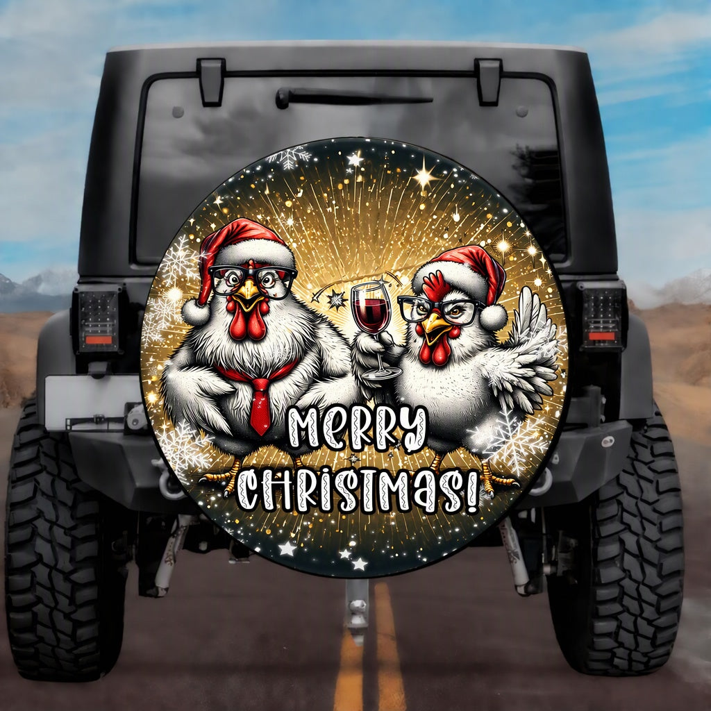 Holiday Country Farmhouse Black Gold Wine Drinking Chicken Spare Tire Cover - Jeep, Bronco, RV, Camper & More