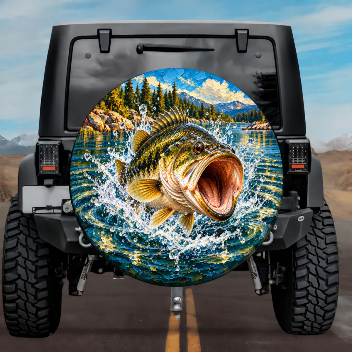 3D Largemouth Bass Fishing Burst Spare Tire Cover - Jeep, Bronco, RV, Camper & More