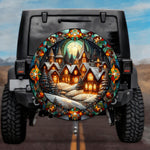 Stained Glass Christmas Village Spare Tire Cover - Jeep, Bronco, RV, Camper & More