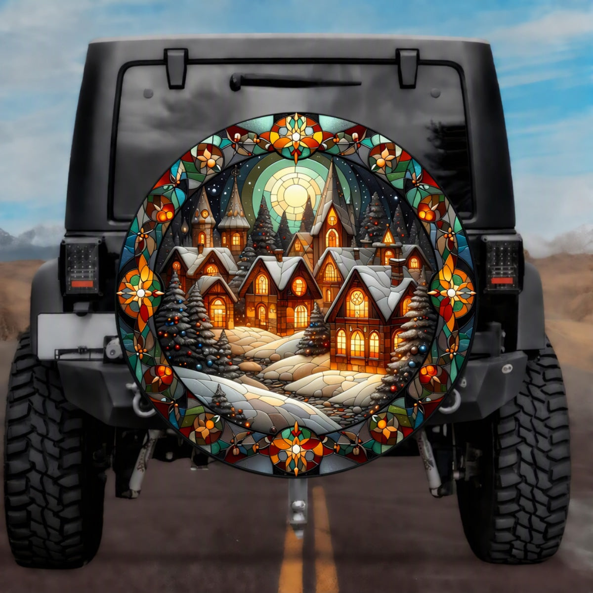 Stained Glass Christmas Village Spare Tire Cover - Jeep, Bronco, RV, Camper & More
