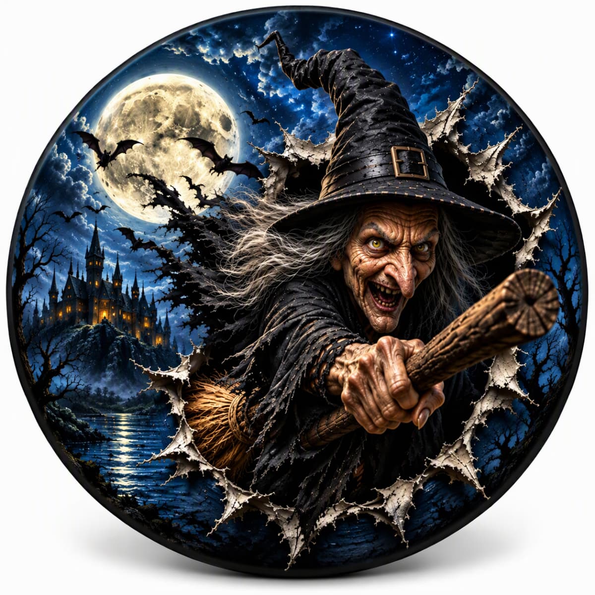 Spooky Wicked Witch Broomstick Halloween Spare Tire Cover - Jeep, Bronco, RV, Camper & More