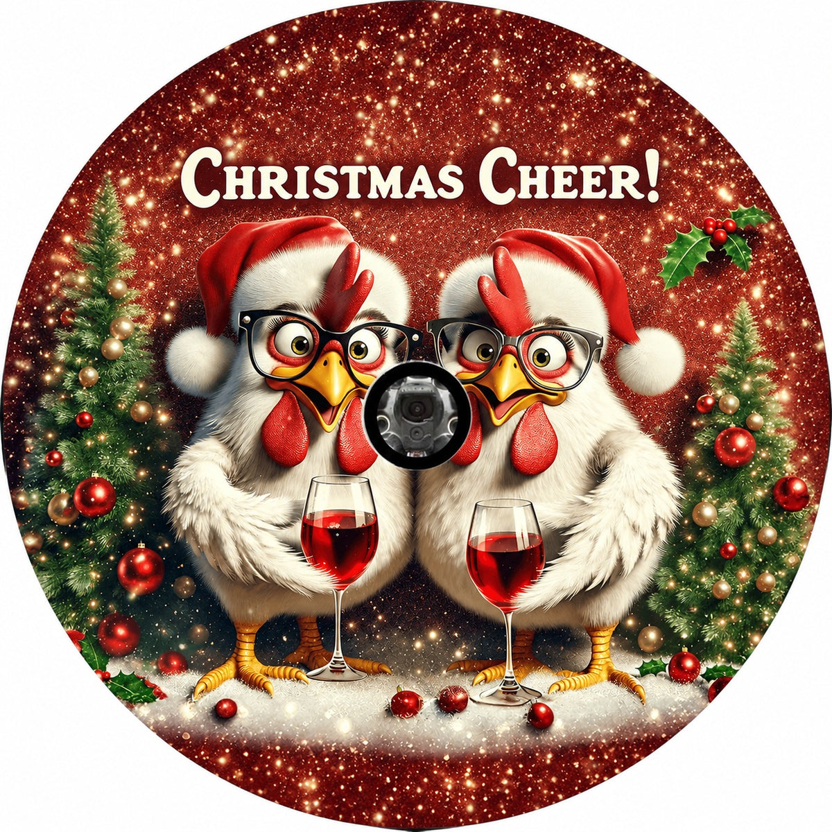 Holiday Country Farmhouse Crimson Sparkle Wine Drinking Chicken Spare Tire Cover - Jeep, Bronco, RV, Camper & More
