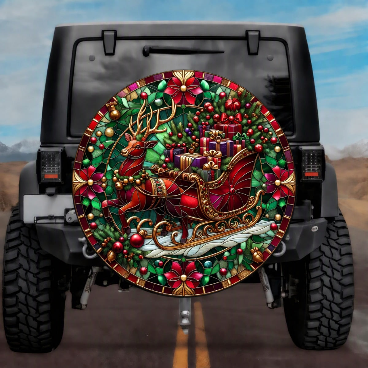 Stained Glass Christmas Reindeer Sleigh Spare Tire Cover - Jeep, Bronco, RV, Camper & More