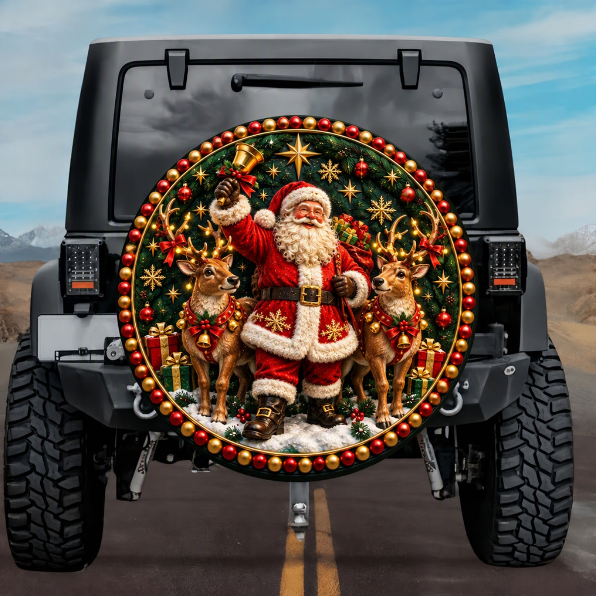 Christmas Wreath Santa Claus Dual Reindeer Spare Tire Cover - Jeep, Bronco, RV, Camper & More
