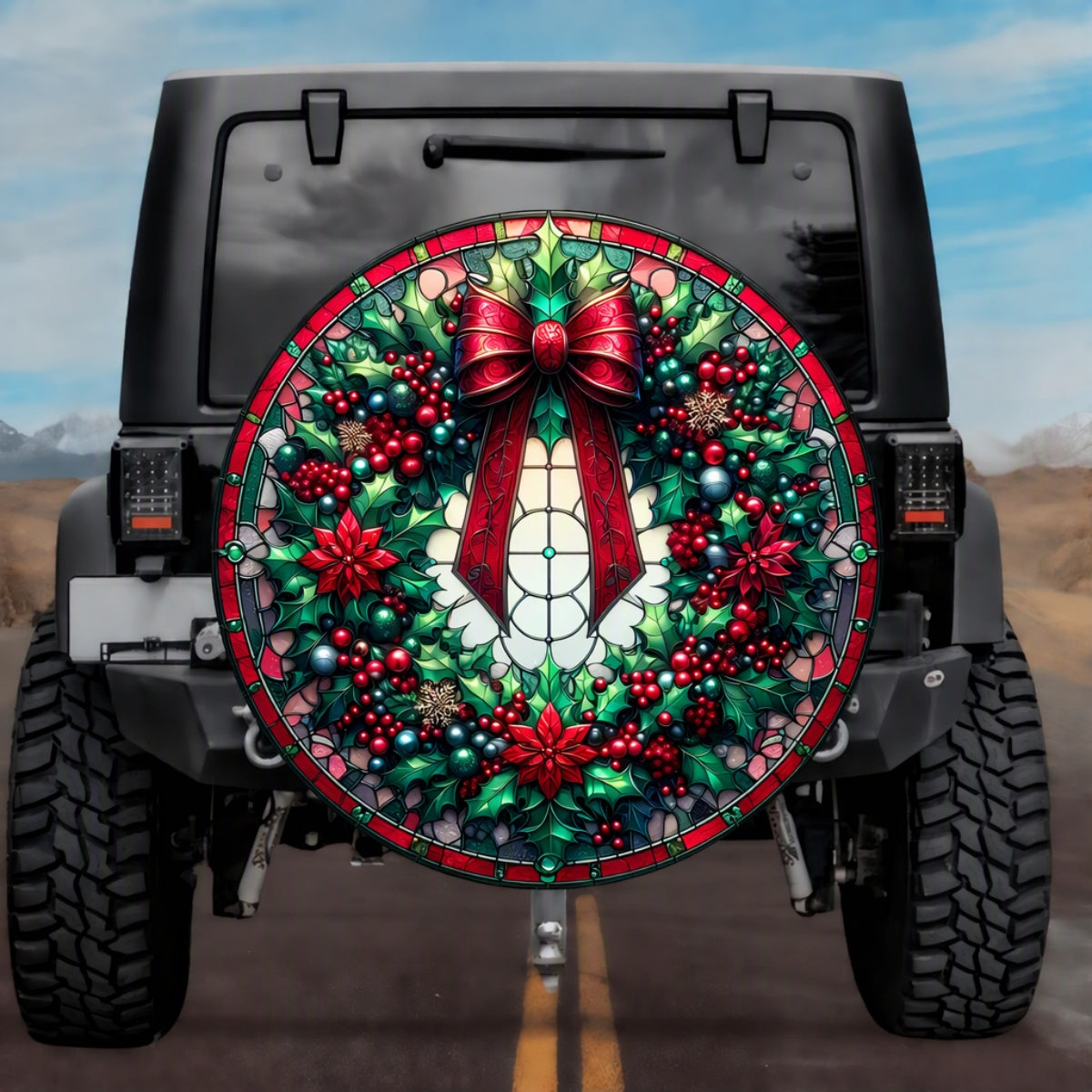Stained Glass Christmas Wreath Spare Tire Cover - Jeep, Bronco, RV, Camper & More