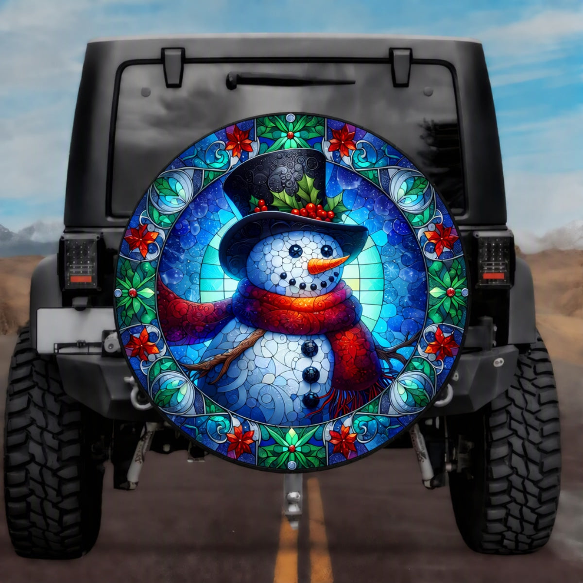 Stained Glass Snowman Decorative Border Spare Tire Cover - Jeep, Bronco, RV, Camper & More