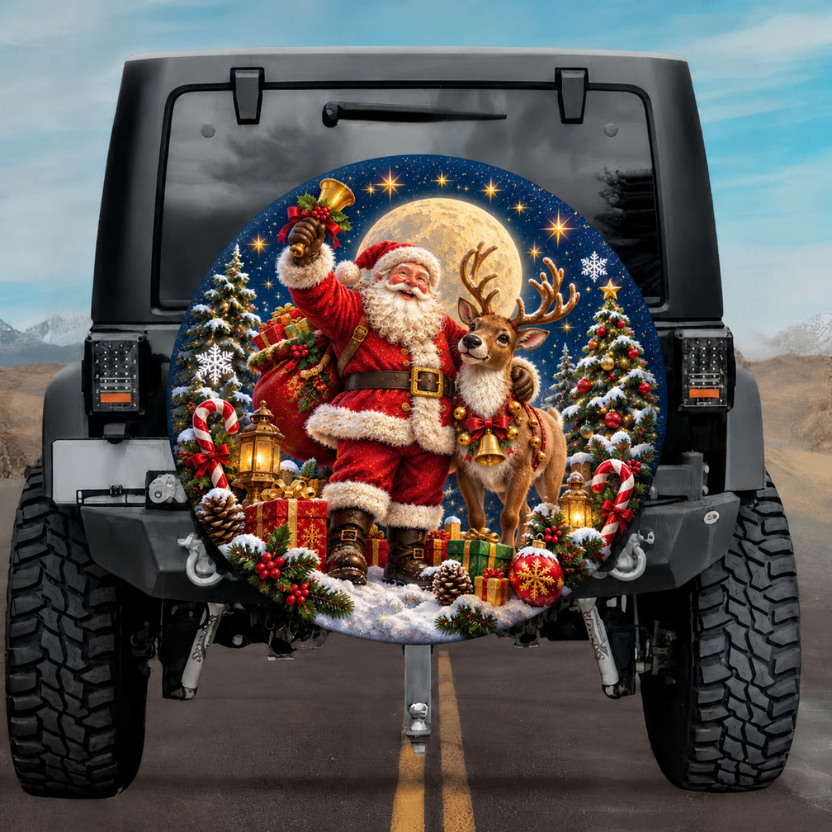 Christmas Santa Claus Reindeer Moon Spare Tire Cover - Jeep, Bronco, RV, Camper & More