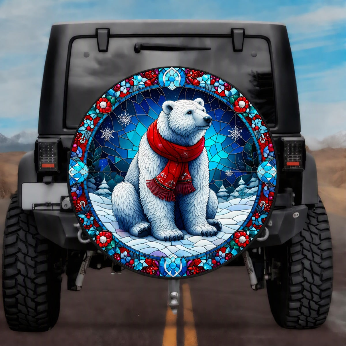 Stained Glass Polar Bear Spare Tire Cover - Jeep, Bronco, RV, Camper & More