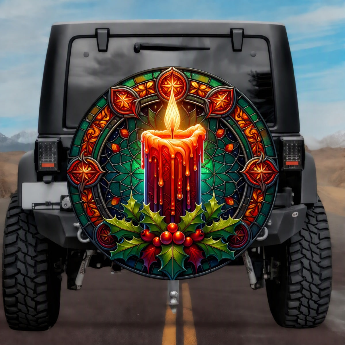 Stained Glass Holiday Candle Spare Tire Cover - Jeep, Bronco, RV, Camper & More