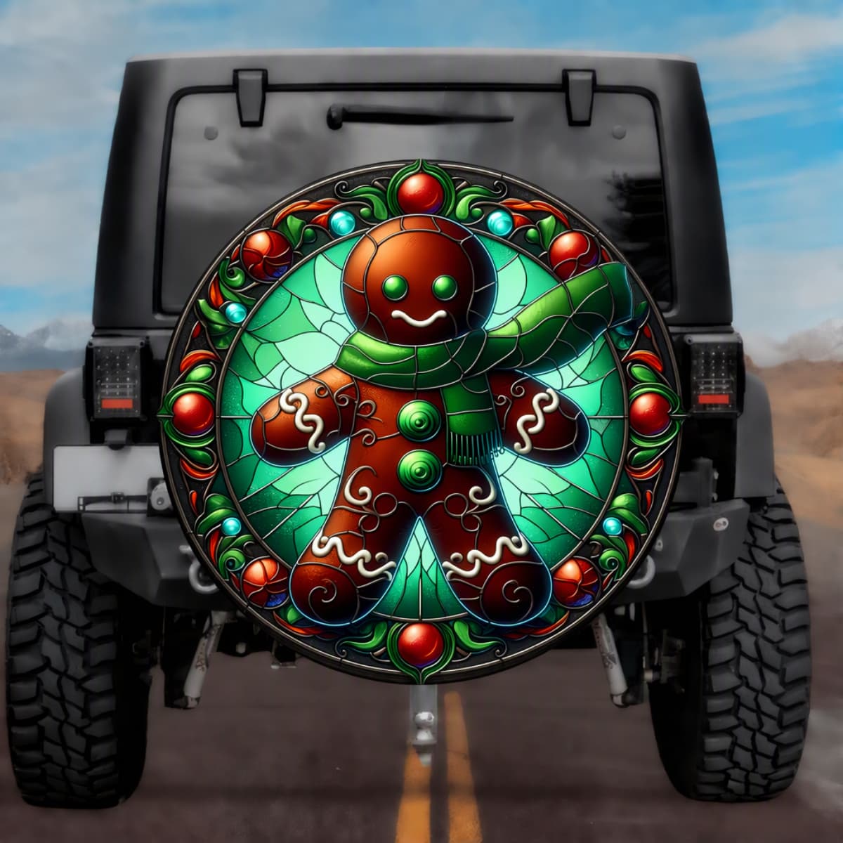 Stained Glass Gingerbread Man Spare Tire Cover - Jeep, Bronco, RV, Camper & More