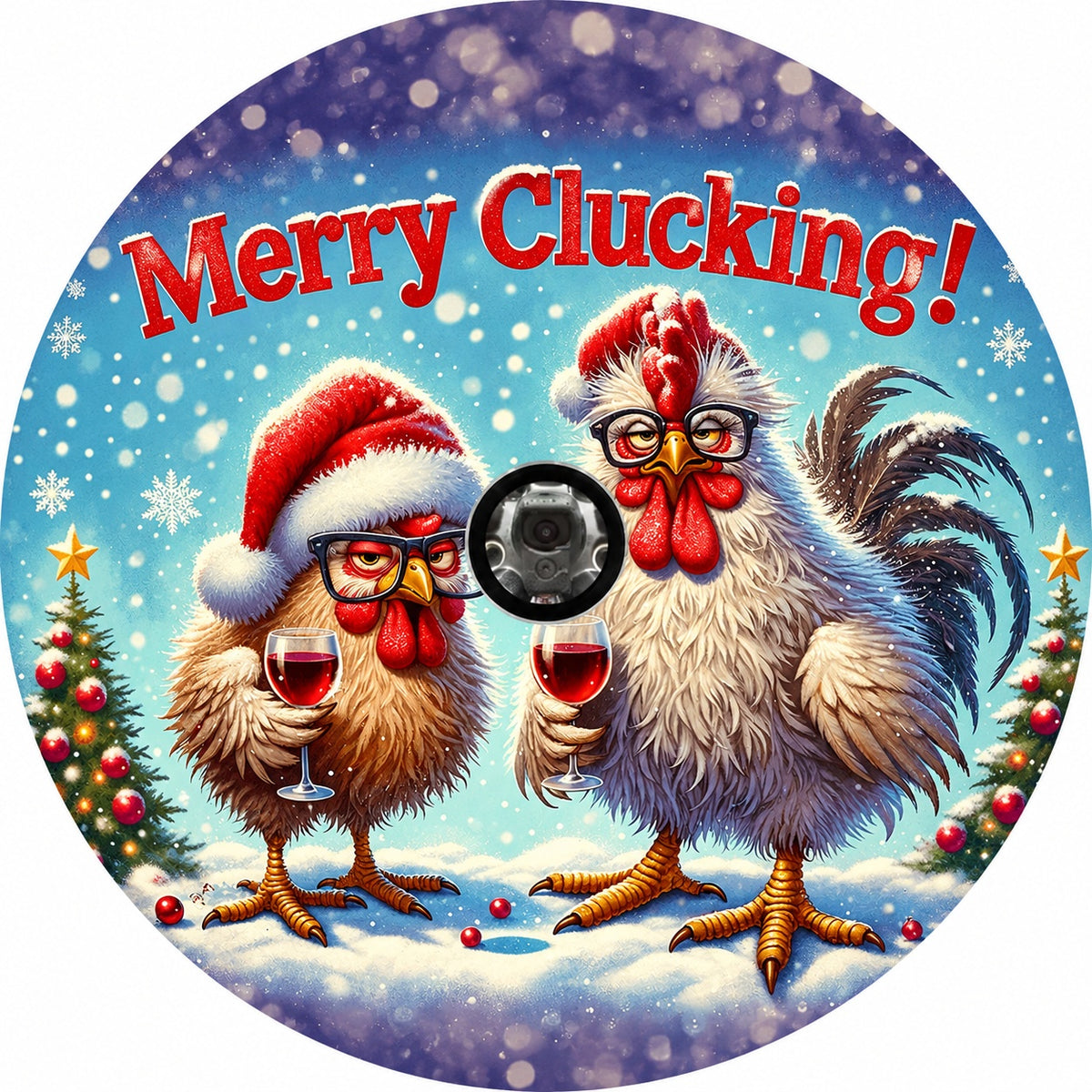 Holiday Country Farmhouse Blue Snow Wine Drinking Chicken Spare Tire Cover - Jeep, Bronco, RV, Camper & More