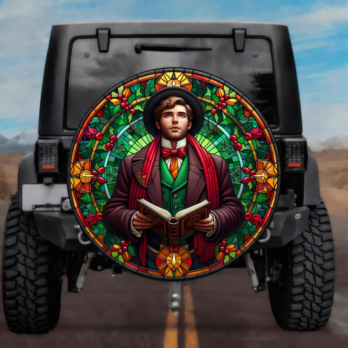 Stained Glass Christmas Caroler Spare Tire Cover - Jeep, Bronco, RV, Camper & More