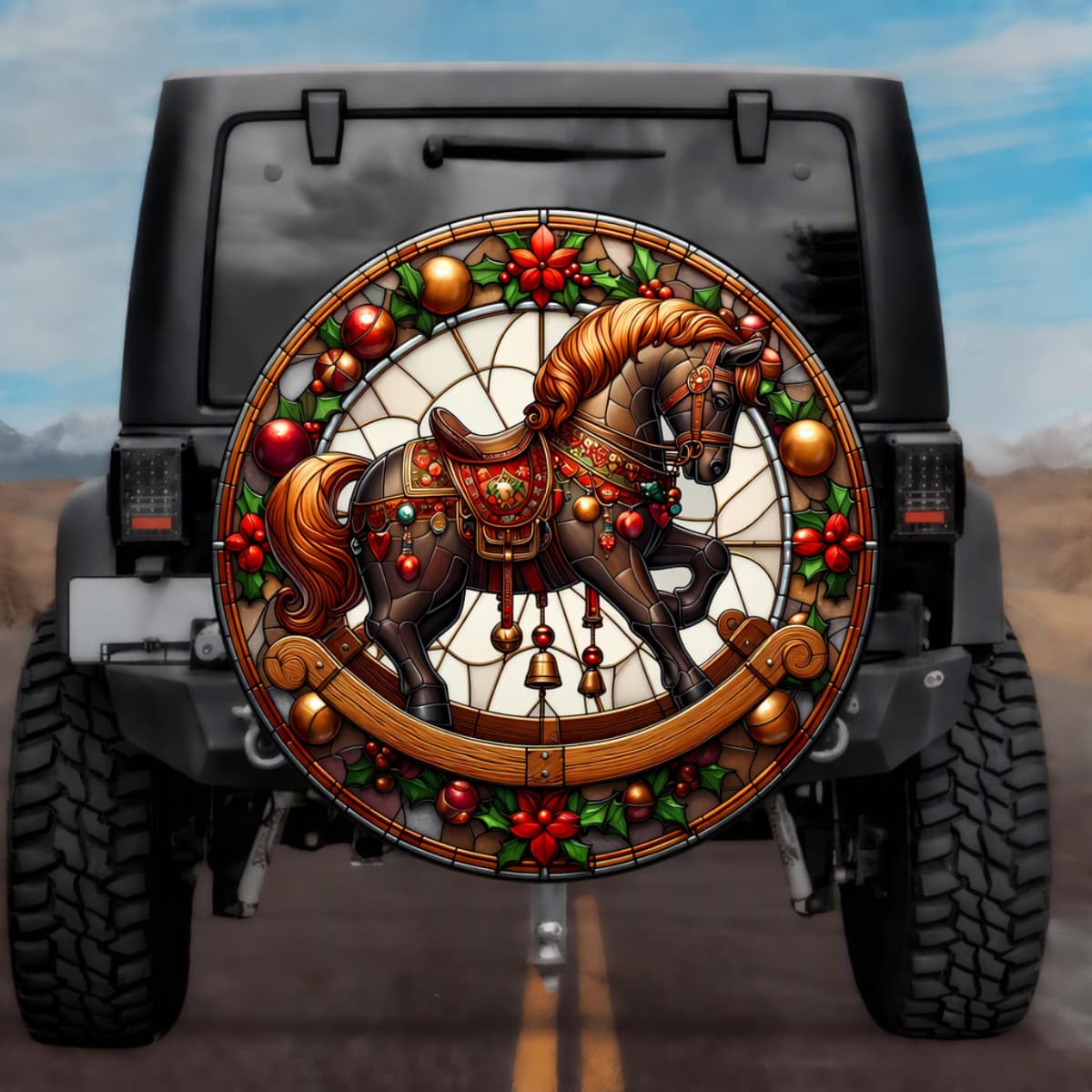 Stained Glass Rocking Horse Spare Tire Cover - Jeep, Bronco, RV, Camper & More