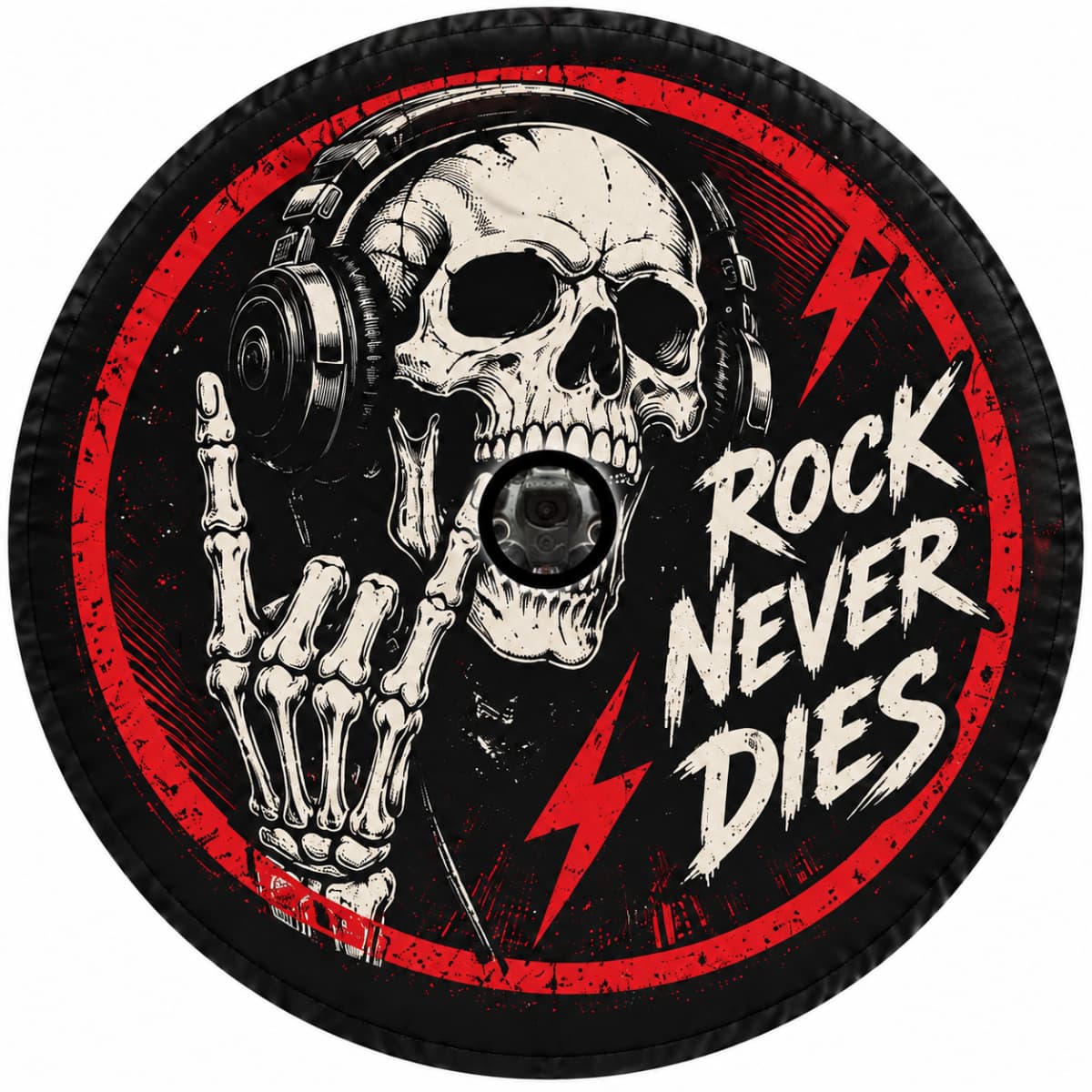Rock Never Dies Skeleton Headphones Spare Tire Cover - Jeep, Bronco, RV, Camper & More