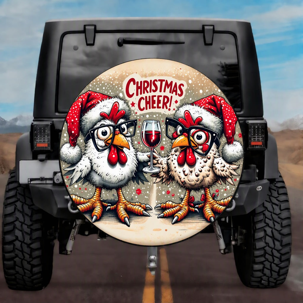Holiday Farmhouse Cream Tone Wine Drinking Chicken Spare Tire Cover - Jeep, Bronco, RV, Camper & More