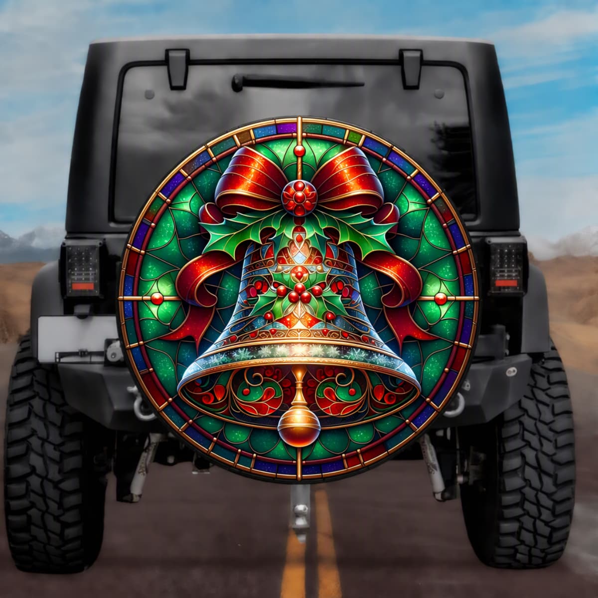 Stained Glass Christmas Bell Spare Tire Cover - Jeep, Bronco, RV, Camper & More
