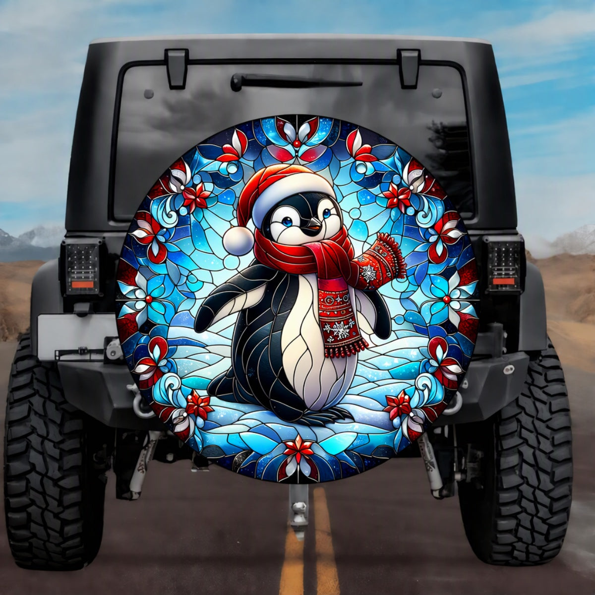 Stained Glass Christmas Penguin Spare Tire Cover - Jeep, Bronco, RV, Camper & More