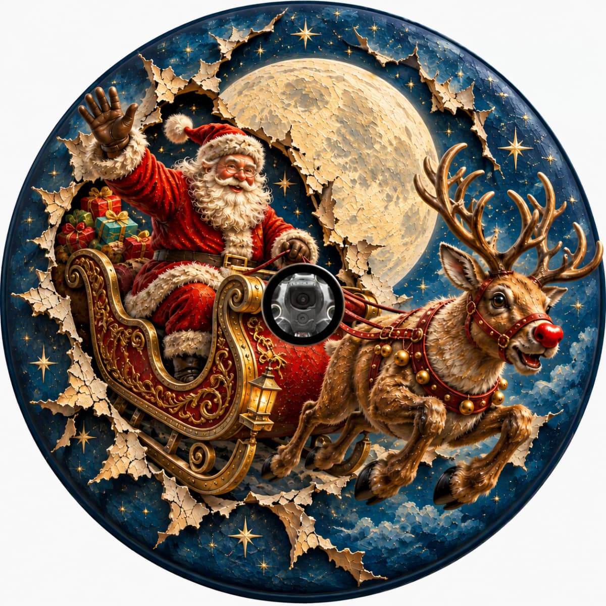 3D Flying Santa Sleigh Christmas Burst Spare Tire Cover - Jeep, Bronco, RV, Camper & More