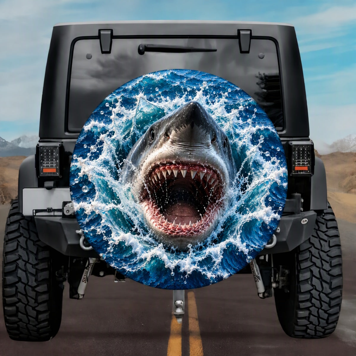 3D Great White Shark Ocean Burst Spare Tire Cover - Jeep, Bronco, RV, Camper & More