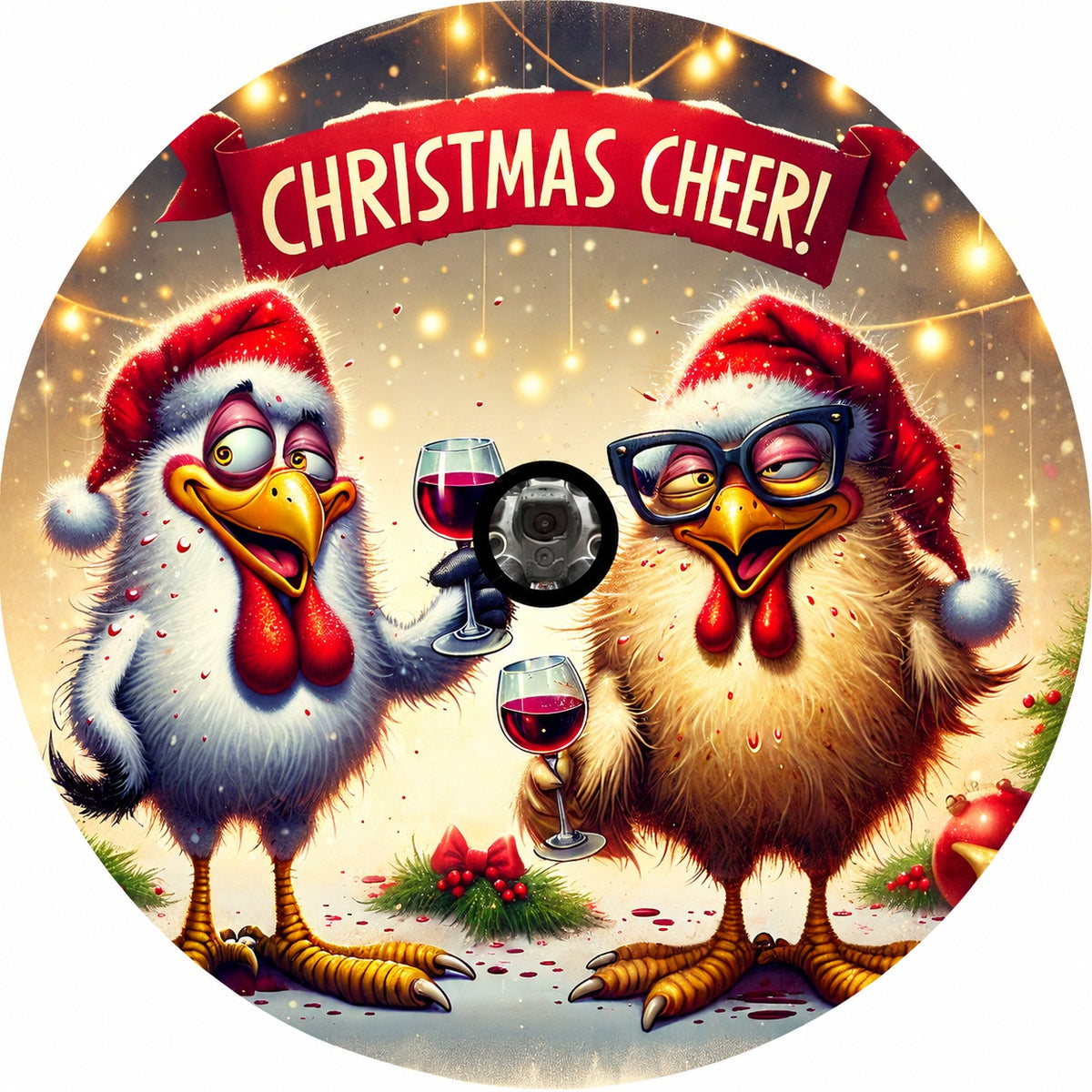 Holiday Country Farmhouse Silly Wine Drinking Chicken Spare Tire Cover - Jeep, Bronco, RV, Camper & More