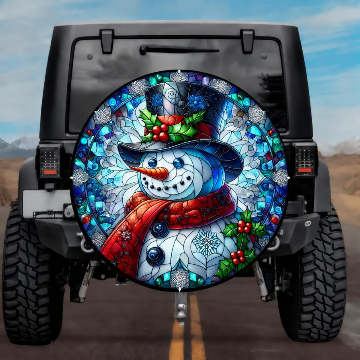 Stained Glass Snowman Spare Tire Cover - Jeep, Bronco, RV, Camper & More