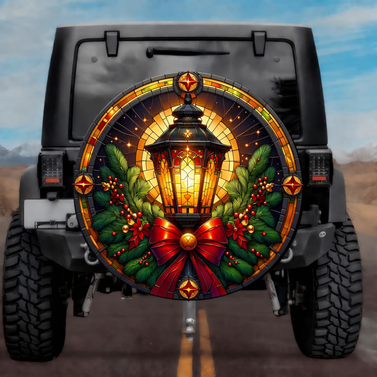 Stained Glass Festive Lantern Spare Tire Cover - Jeep, Bronco, RV, Camper & More