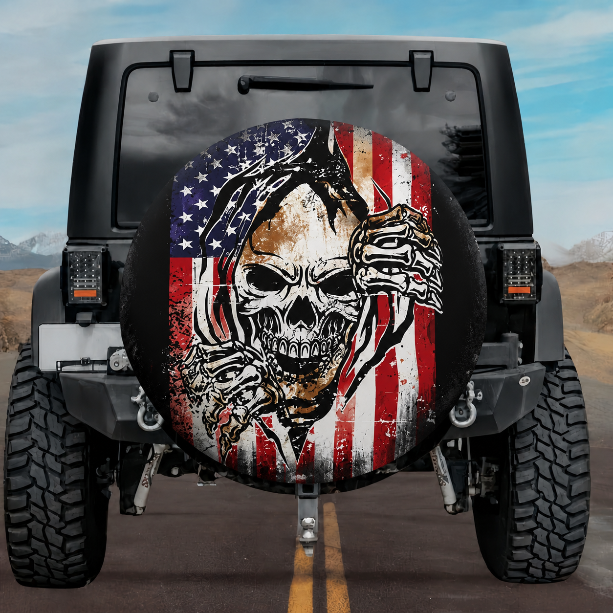 Distressed American Flag Rip Through Skull Spare Tire Cover